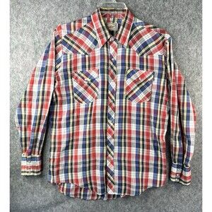 Vintage American West Pearl Snap Red Blue Plaid Shirt Men's 16 - 34/35 Western